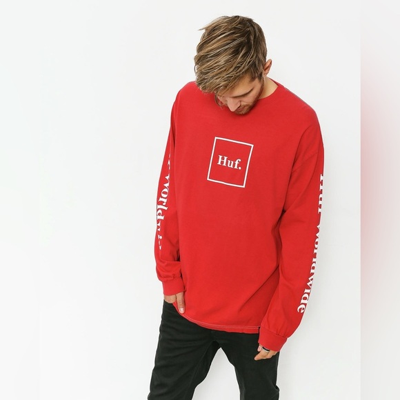 Huf Worldwide Men’s Domestic Logo Long Sleeve in Red/White Size M - Picture 1 of 10